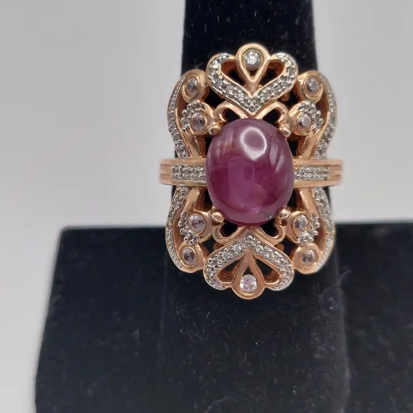 Vintage Rose GOS 925 Purple Cabachon & CZ Embellishments Cocktail Ring, sz 8,GC. - Picture 1 of 10